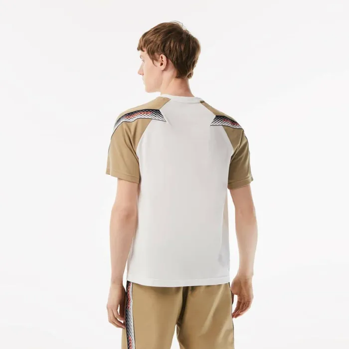 TShirts Men Lacoste Mens SPORT Regular Fit Logo Stripe TShirt White Beige A9c