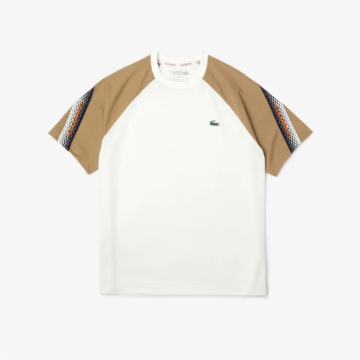 TShirts Men Lacoste Mens SPORT Regular Fit Logo Stripe TShirt White Beige A9c