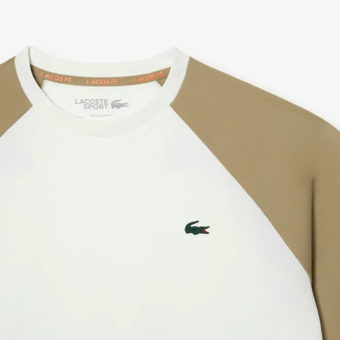TShirts Men Lacoste Mens SPORT Regular Fit Logo Stripe TShirt White Beige A9c