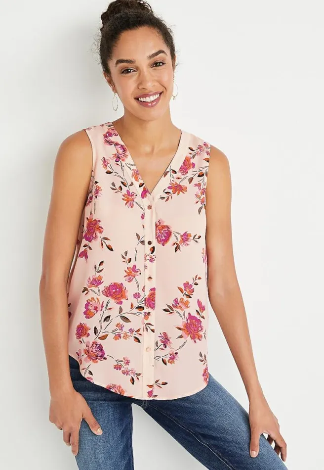 Tan Floral Button Down Tank Top Women Maurices Tops