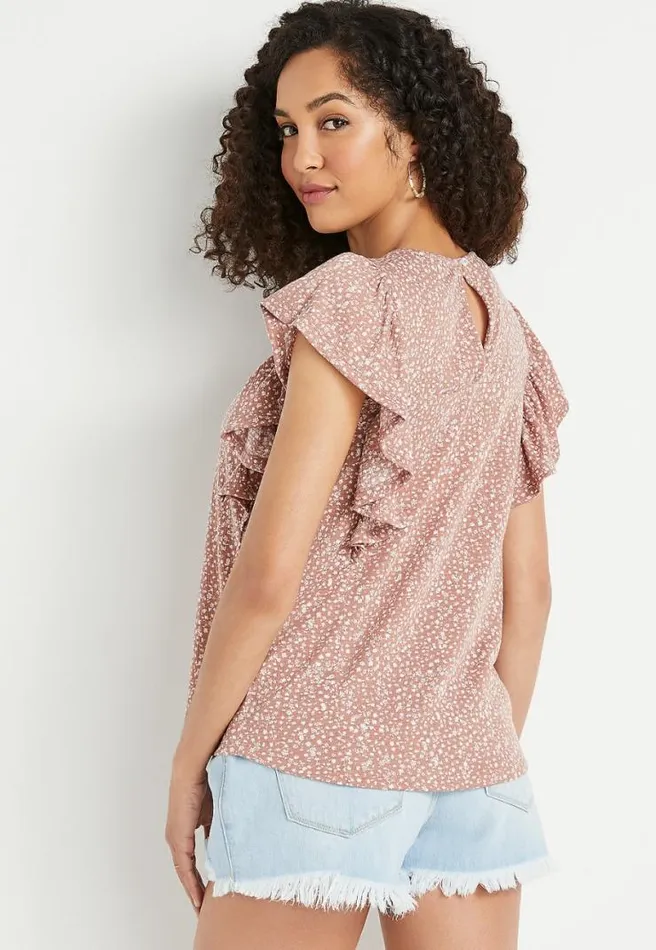 Tan Floral Smocked Flutter Sleeve Blouse Women Maurices Tops
