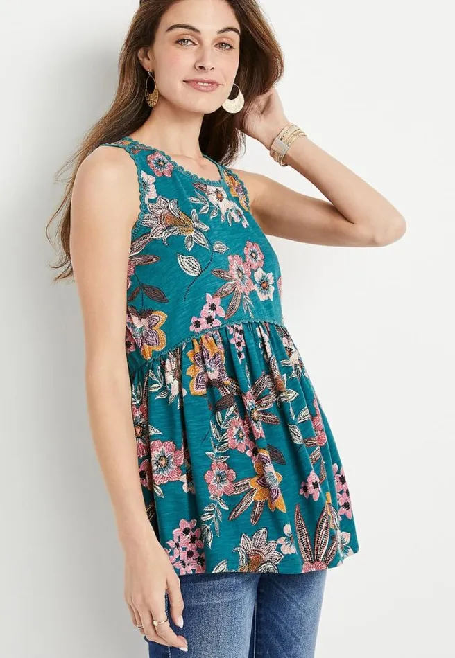 Teal Floral Eyelet Trim Tank Top Women Maurices Tops