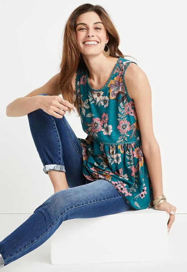 Teal Floral Eyelet Trim Tank Top Women Maurices Tops