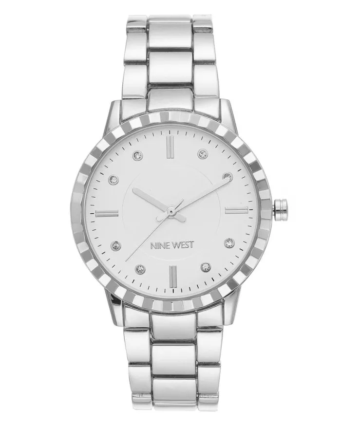 Textured Bezel Bracelet Watch Silvertone Women Nine West Straps
