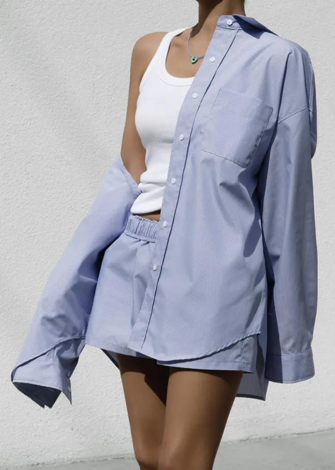 The Frankie Shop Addie Button Down Shirt 8211 Blue Stripe Shop Tops