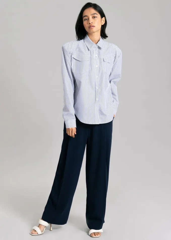 The Frankie Shop Jeanne Padded Shirt 8211 Navy Stripe Shop Tops