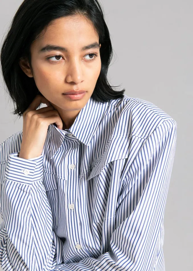 The Frankie Shop Jeanne Padded Shirt 8211 Navy Stripe Shop Tops