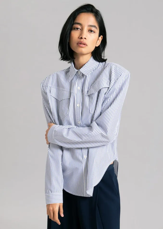 The Frankie Shop Jeanne Padded Shirt 8211 Navy Stripe Shop Tops
