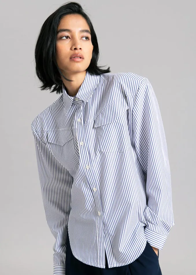 The Frankie Shop Jeanne Padded Shirt 8211 Navy Stripe Shop Tops