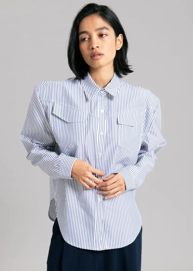The Frankie Shop Jeanne Padded Shirt 8211 Navy Stripe Shop Tops