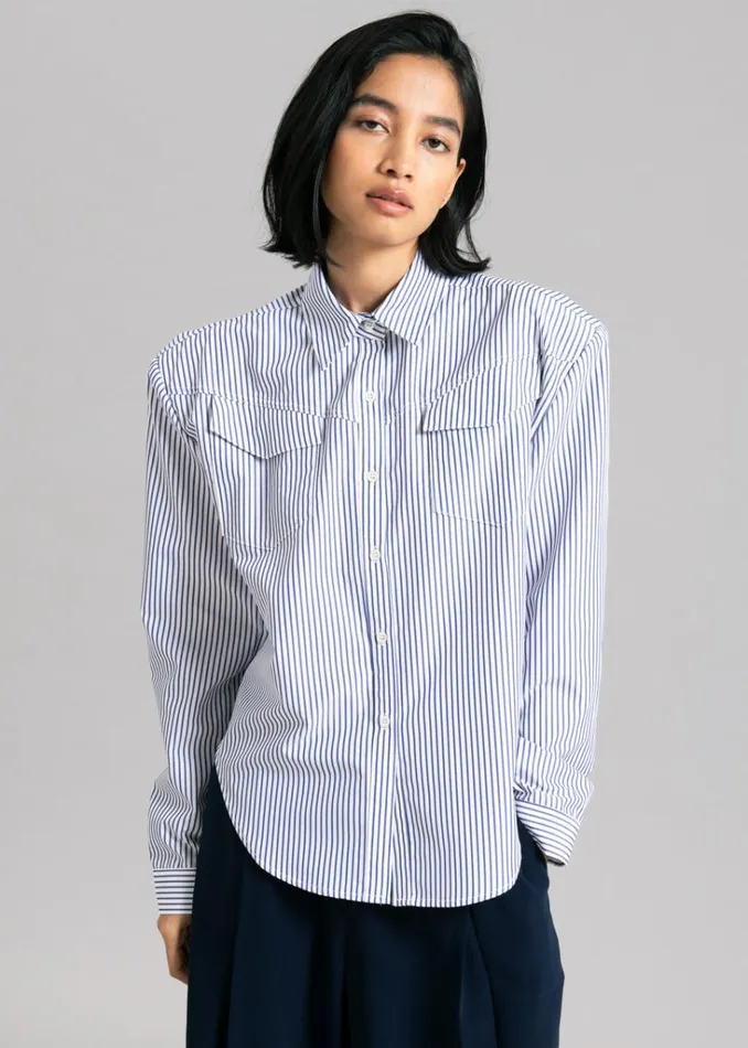 The Frankie Shop Jeanne Padded Shirt 8211 Navy Stripe Shop Tops