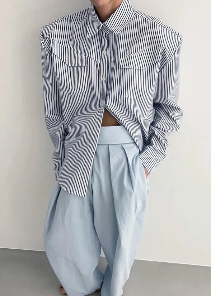 The Frankie Shop Jeanne Padded Shirt 8211 Navy Stripe Shop Tops