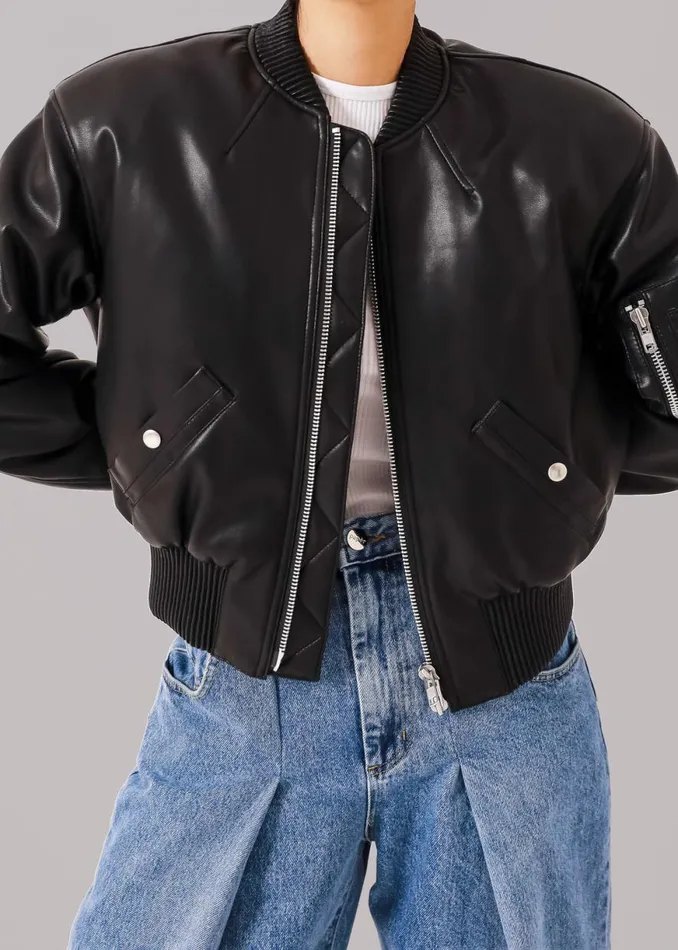The Frankie Shop Sille FauxLeather Cropped Bomber 8211 Black Shop Outerwear