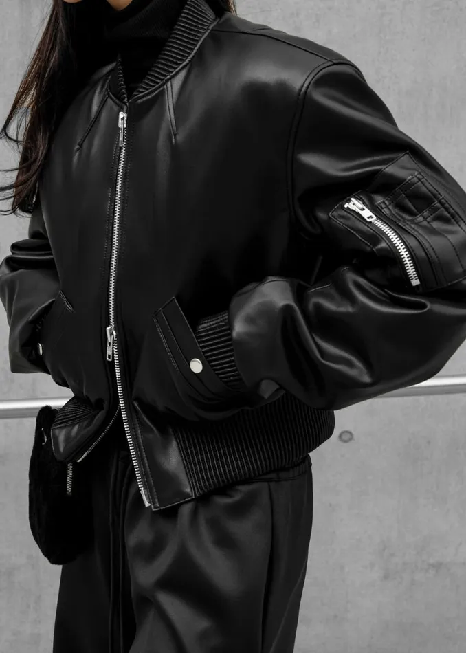 The Frankie Shop Sille FauxLeather Cropped Bomber 8211 Black Shop Outerwear