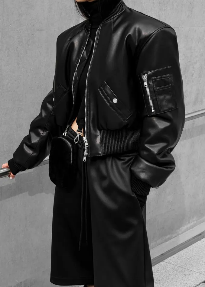 The Frankie Shop Sille FauxLeather Cropped Bomber 8211 Black Shop Outerwear