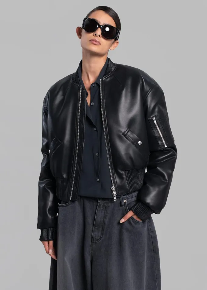 The Frankie Shop Sille FauxLeather Cropped Bomber 8211 Black Shop Outerwear