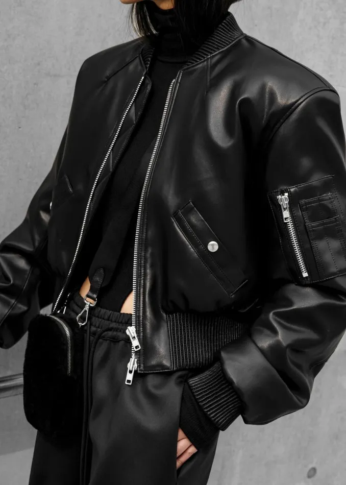 The Frankie Shop Sille FauxLeather Cropped Bomber 8211 Black Shop Outerwear