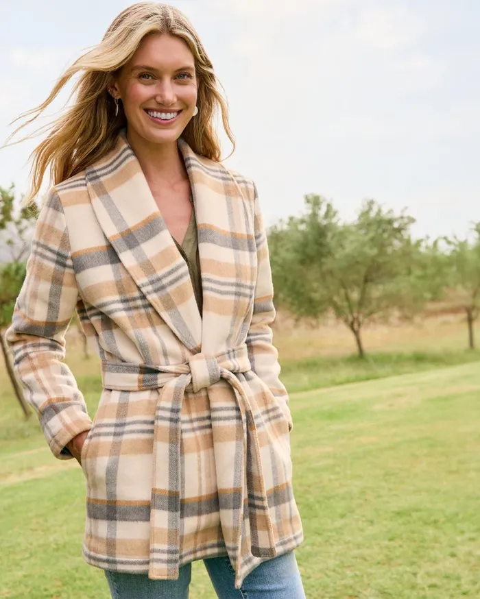 Tommy Bahama Jackets Wooly Plaid Wrap Coat Neutral 8211 Women