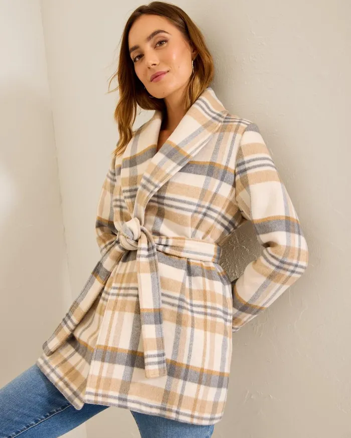 Tommy Bahama Jackets Wooly Plaid Wrap Coat Neutral 8211 Women Tommy Bahama Jackets Wooly Plaid Wrap Coat Neutral 8211 Women