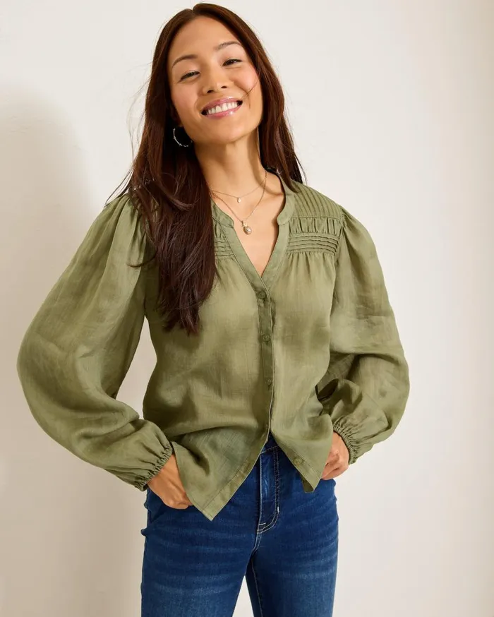 Tommy Bahama Tops and Shirts Palm Breeze Pintuck Blouse Tea Leaf 8211 Women
