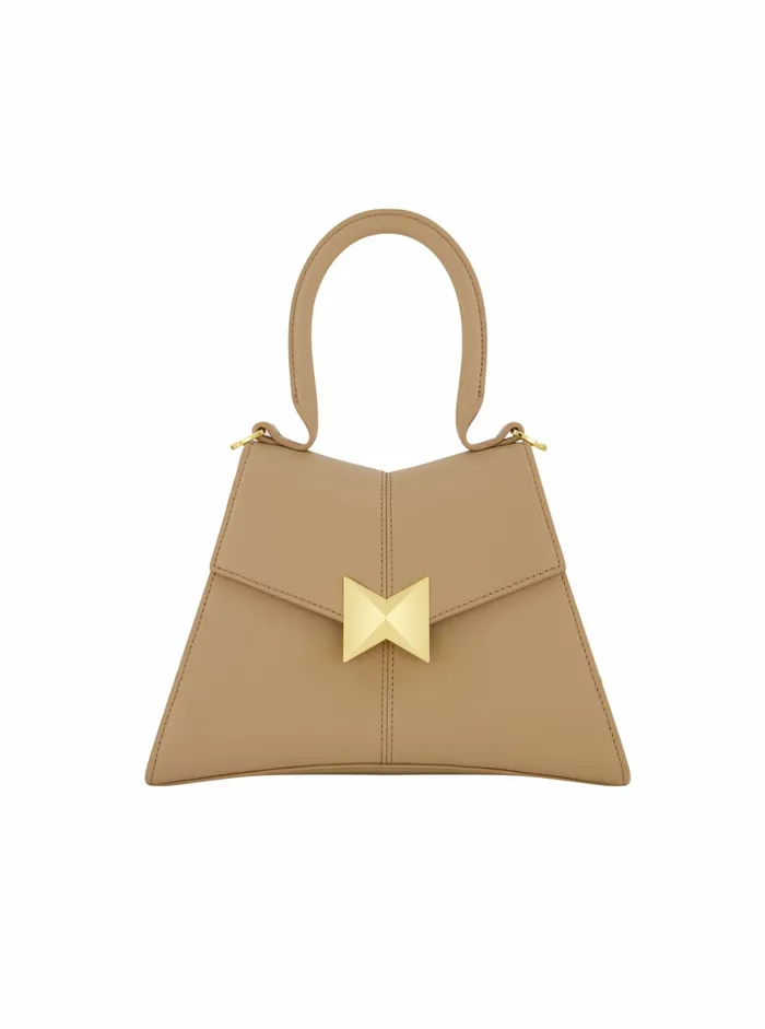 Top Handle Bags Mac Duggal Women Angular Small Taupe Leather Handbag With Gold Hardware Taupe