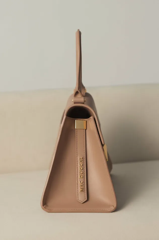 Top Handle Bags Mac Duggal Women Angular Small Taupe Leather Handbag With Gold Hardware Taupe