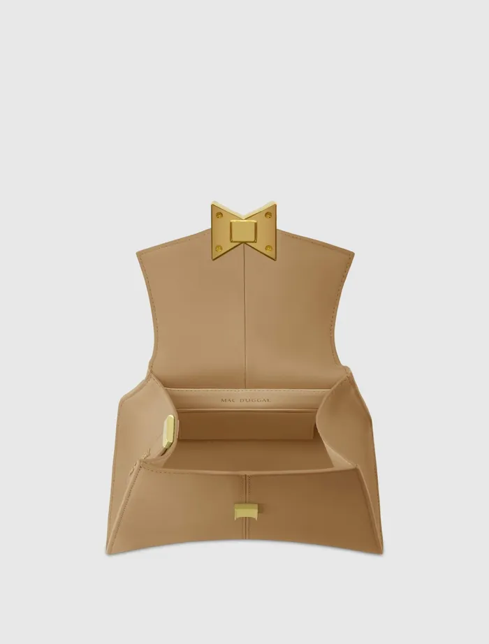 Top Handle Bags Mac Duggal Women Angular Small Taupe Leather Handbag With Gold Hardware Taupe