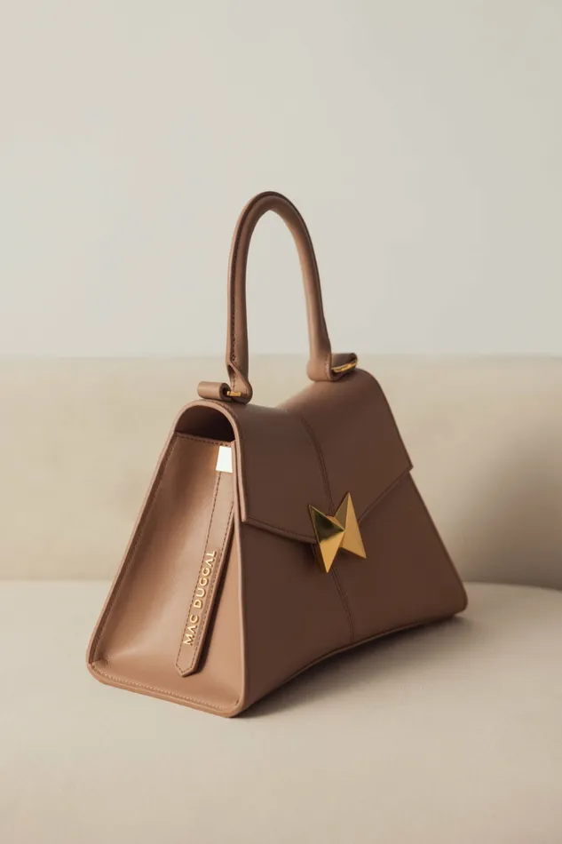 Top Handle Bags Mac Duggal Women Angular Small Taupe Leather Handbag With Gold Hardware Taupe