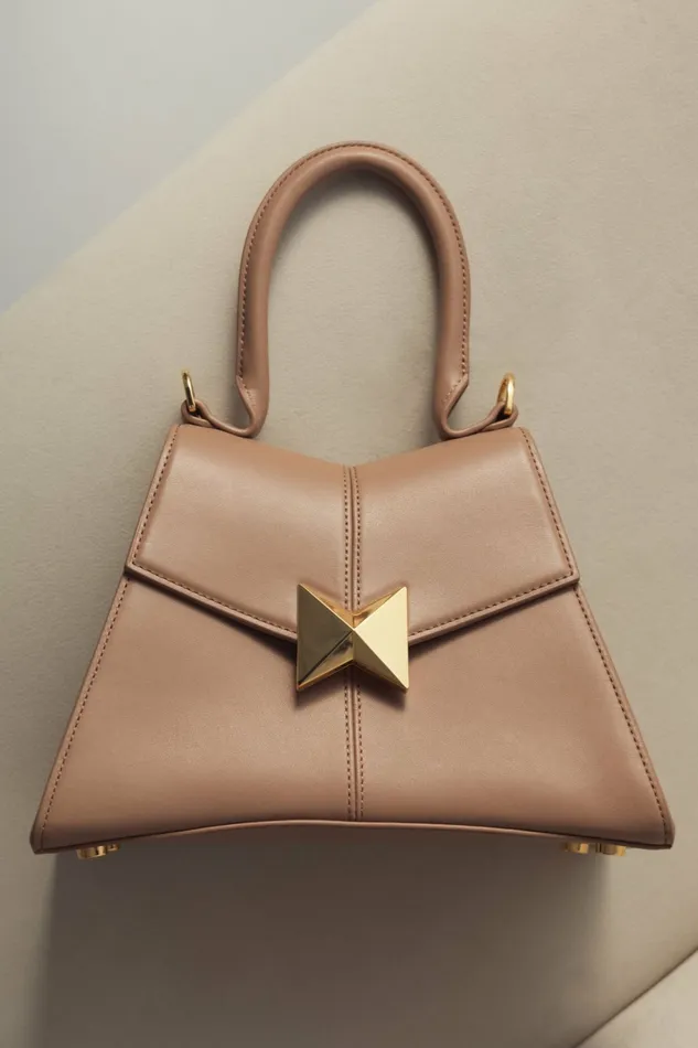 Top Handle Bags Mac Duggal Women Angular Small Taupe Leather Handbag With Gold Hardware Taupe