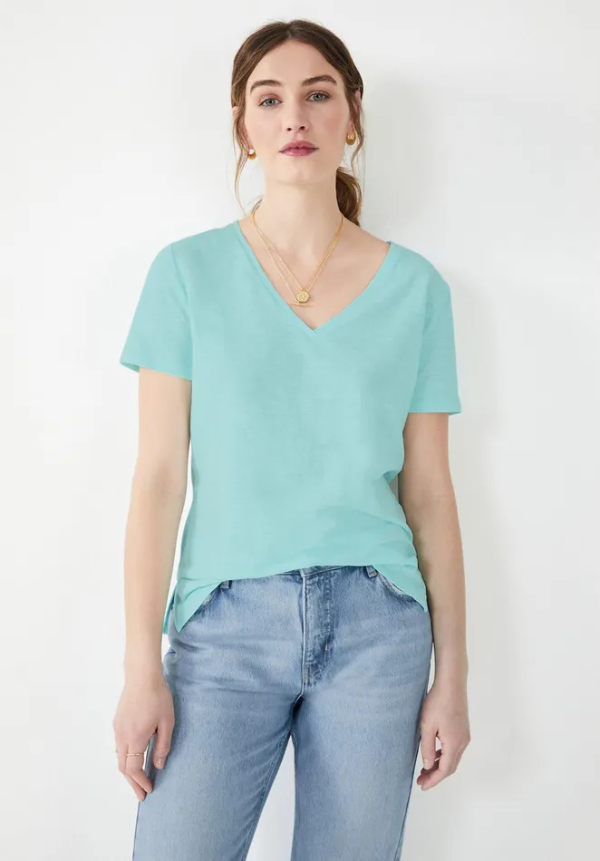 Tops and TShirts Women Hush Cali Cotton Slub V Tee Aqua Blue