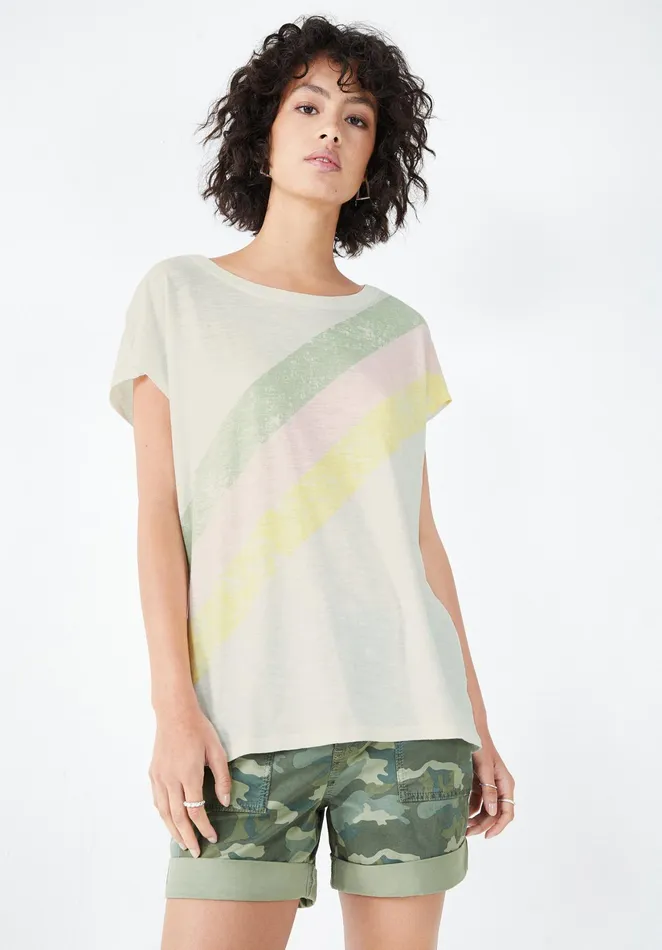 Tops and TShirts Women Hush Rainbow Striped Boyfriend TShirt Off Whitemulti