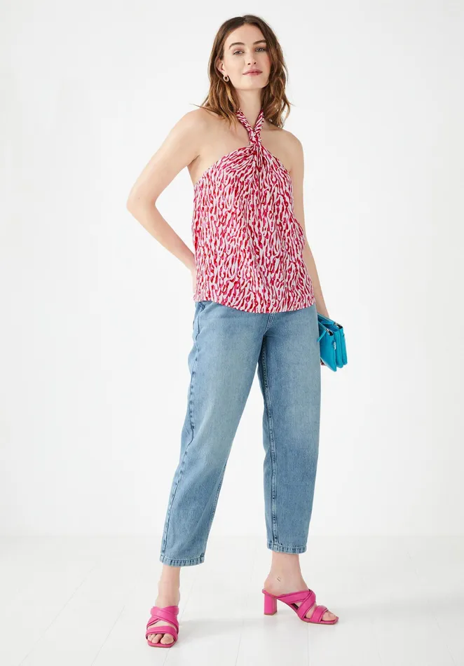 Tops and TShirts Women Hush Ryn Knotted Halterneck Top Abstract Animal Ecru Pink