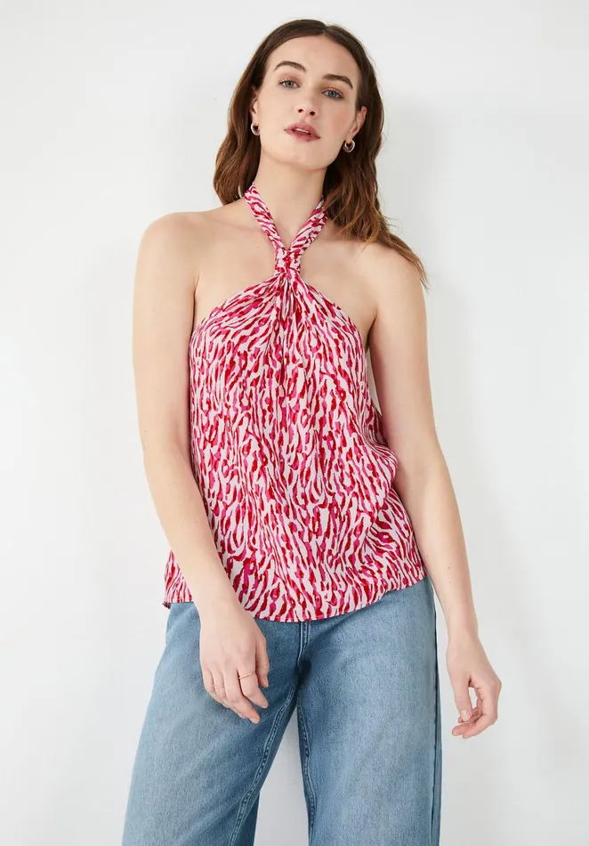 Tops and TShirts Women Hush Ryn Knotted Halterneck Top Abstract Animal Ecru Pink