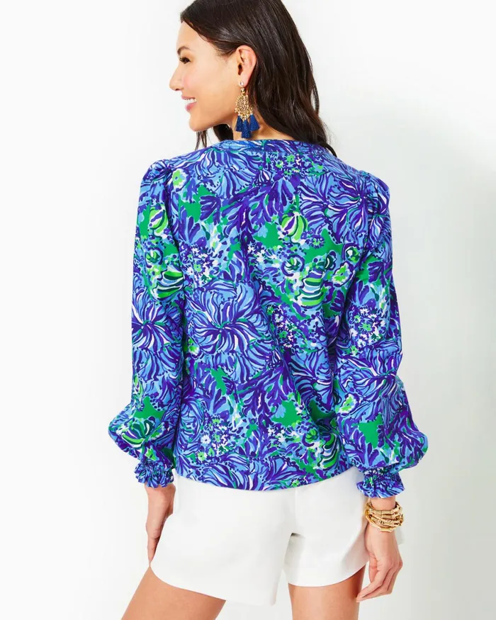 Tops Women Lilly Pulitzer Coulter Long Sleeve Cotton Top Abaco Blue In Turtle Awe