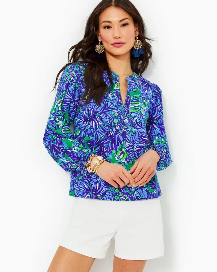 Tops Women Lilly Pulitzer Coulter Long Sleeve Cotton Top Abaco Blue In Turtle Awe Tops Women Lilly Pulitzer Coulter Long Sleeve Cotton Top Abaco Blue In Turtle Awe