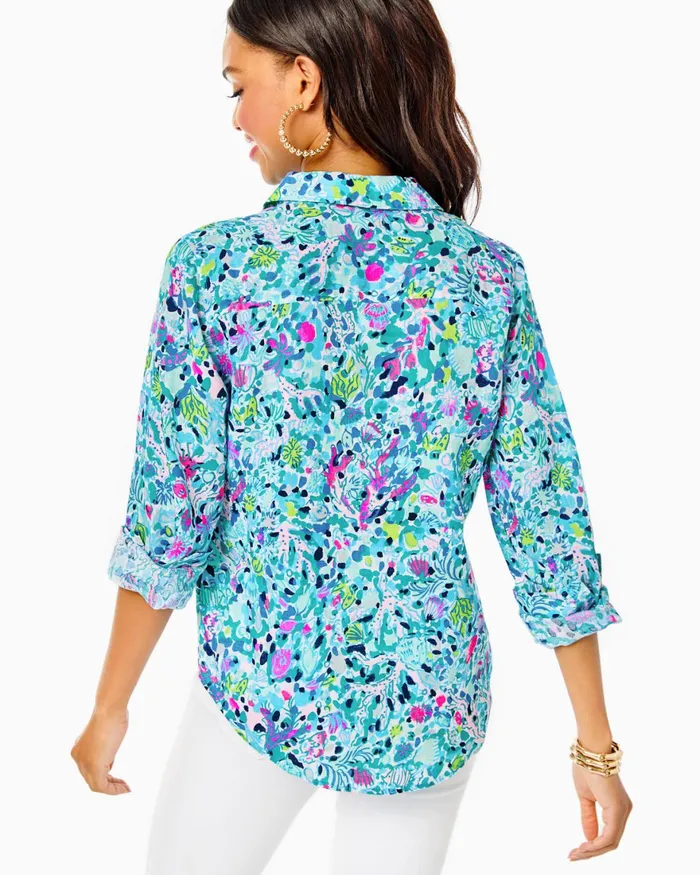 Tops Women Lilly Pulitzer Sea View Linen Button Down Top Multi Dive Bar