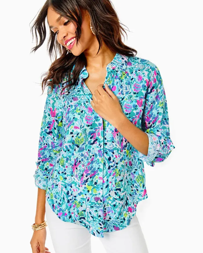Tops Women Lilly Pulitzer Sea View Linen Button Down Top Multi Dive Bar Tops Women Lilly Pulitzer Sea View Linen Button Down Top Multi Dive Bar
