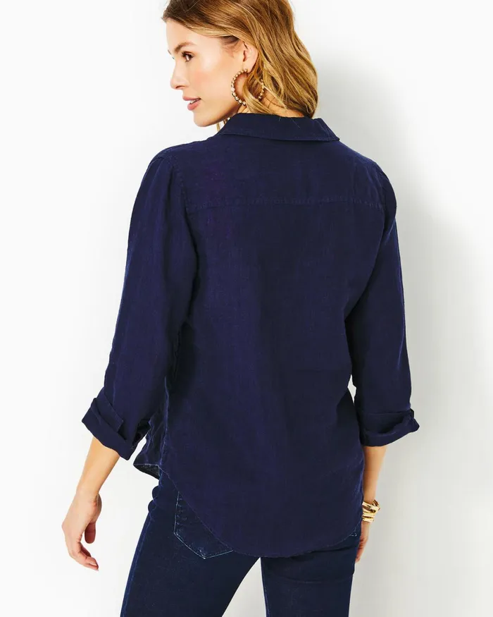 Tops Women Lilly Pulitzer Sea View Linen Button Down Top True Navy X True Navy