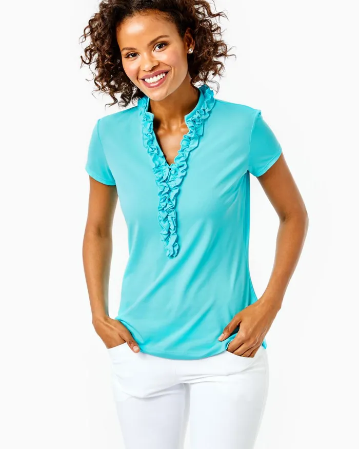 Tops Women Lilly Pulitzer UPF 50 Luxletic Frida Ruffle Polo Top Blue Horizon Tops Women Lilly Pulitzer UPF 50 Luxletic Frida Ruffle Polo Top Blue Horizon