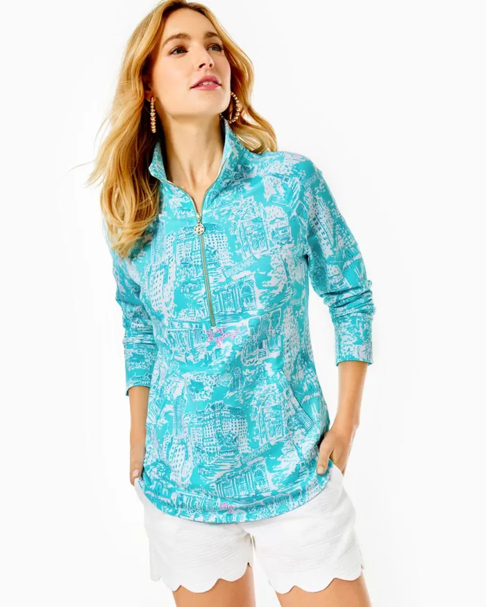 Tops Women Lilly Pulitzer UPF 50 Skipper Popover Shorely Blue Nyc Toile Tops Women Lilly Pulitzer UPF 50 Skipper Popover Shorely Blue Nyc Toile