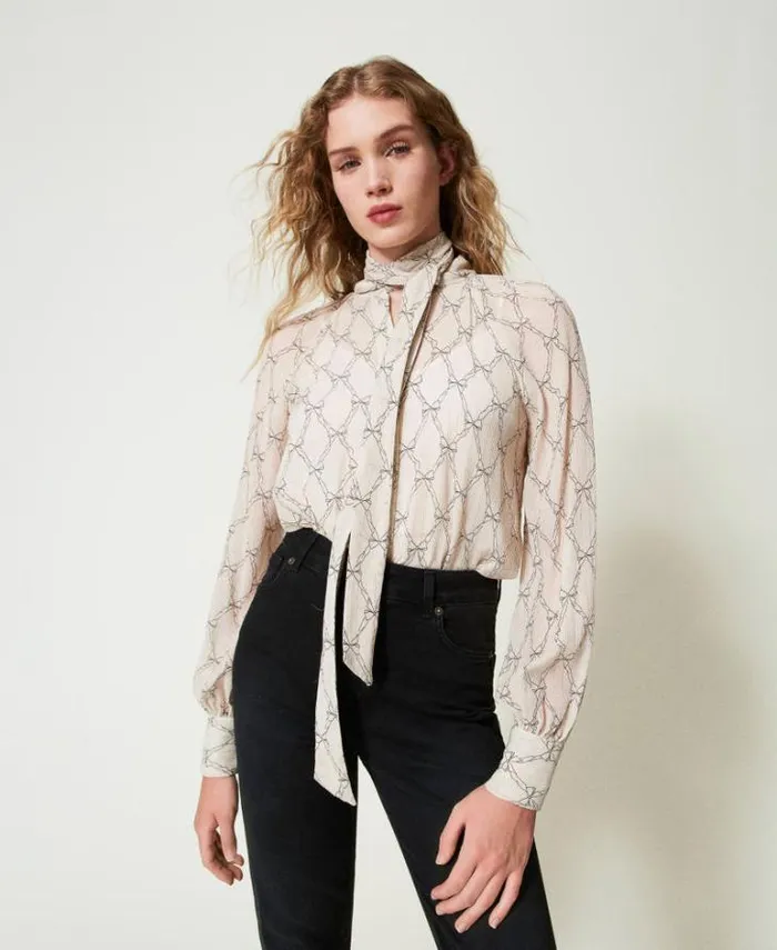 Twinset Blouses And Shirts Creponne Shirt With Bow Print White Cream Black Bow Print 8211 Clothing Twinset Blouses And Shirts Creponne Shirt With Bow Print White Cream Black Bow Print 8211 Clothing