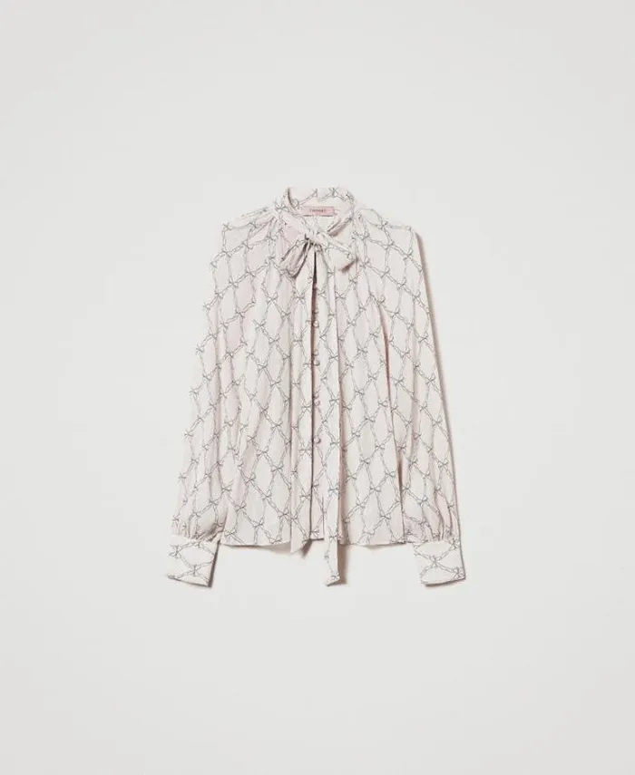 Twinset Blouses And Shirts Creponne Shirt With Bow Print White Cream Black Bow Print 8211 Clothing