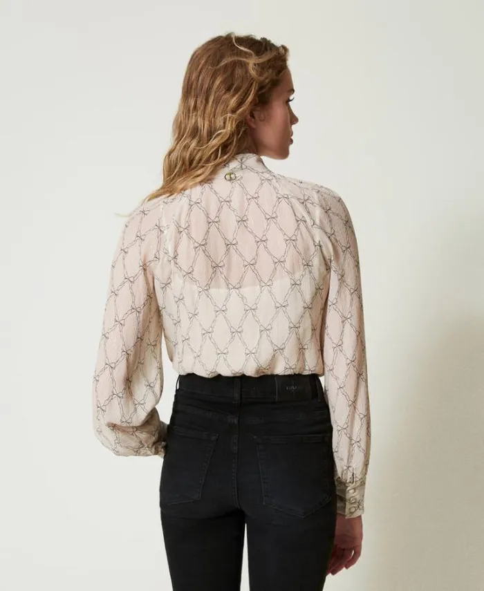 Twinset Blouses And Shirts Creponne Shirt With Bow Print White Cream Black Bow Print 8211 Clothing
