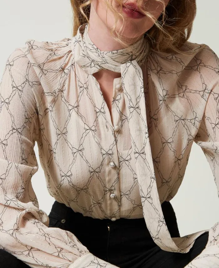 Twinset Blouses And Shirts Creponne Shirt With Bow Print White Cream Black Bow Print 8211 Clothing