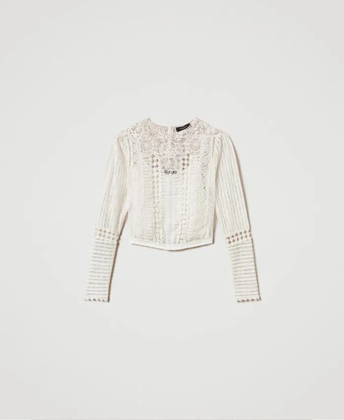 Twinset Blouses And Shirts Muslin Blouse With Lace And Embroideries White Snow 8211 Clothing