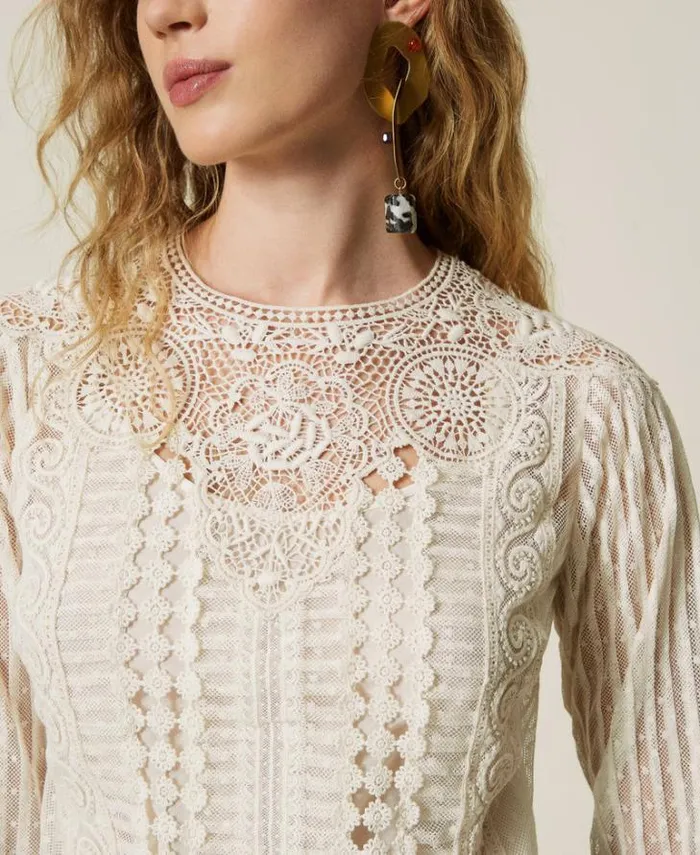Twinset Blouses And Shirts Muslin Blouse With Lace And Embroideries White Snow 8211 Clothing