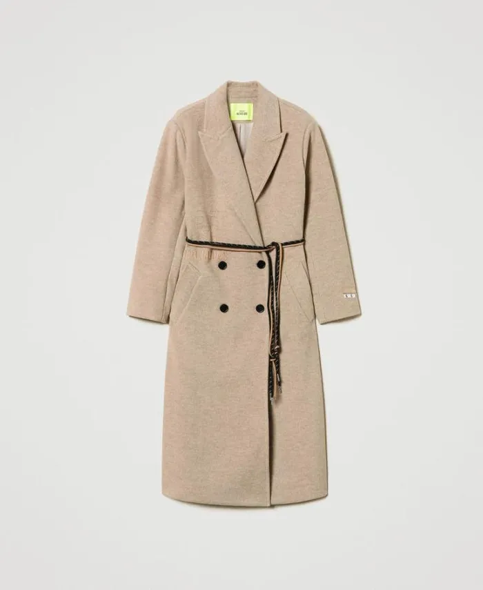 Twinset Coats And Trench Coats MYFO Wool Coat With Diagonal Weave Melange Dull Gold 8211 Clothing
