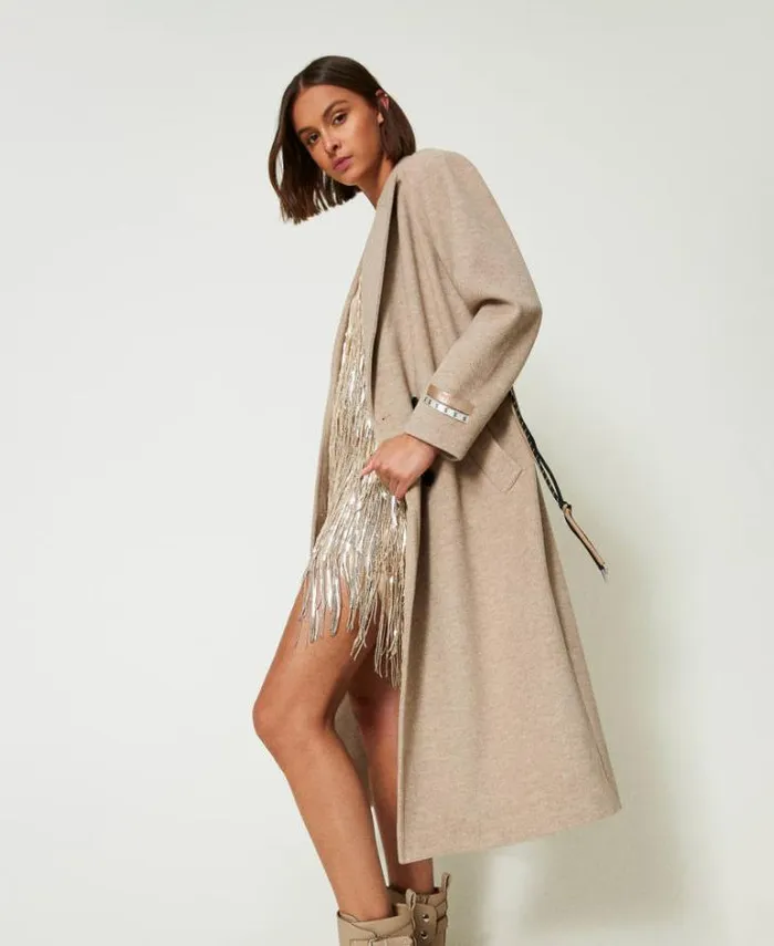 Twinset Coats And Trench Coats MYFO Wool Coat With Diagonal Weave Melange Dull Gold 8211 Clothing