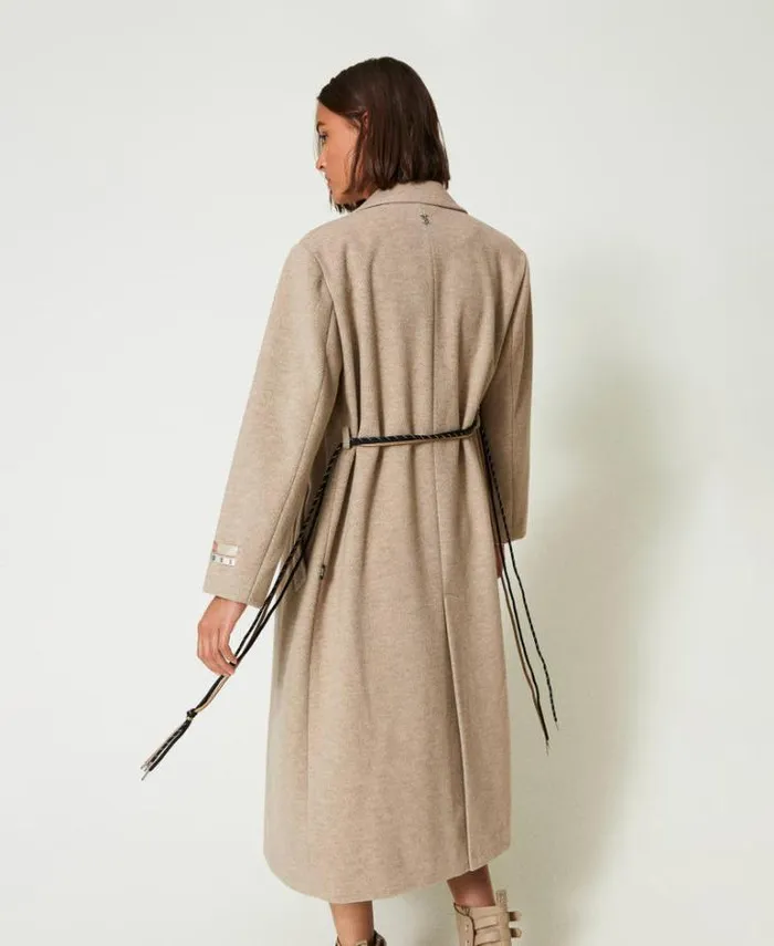 Twinset Coats And Trench Coats MYFO Wool Coat With Diagonal Weave Melange Dull Gold 8211 Clothing