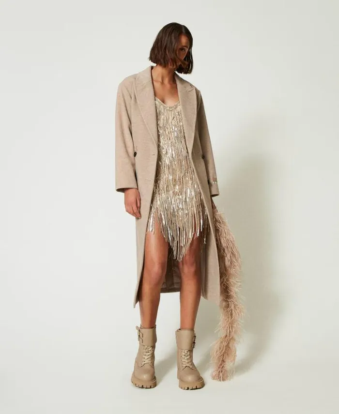 Twinset Coats And Trench Coats MYFO Wool Coat With Diagonal Weave Melange Dull Gold 8211 Clothing
